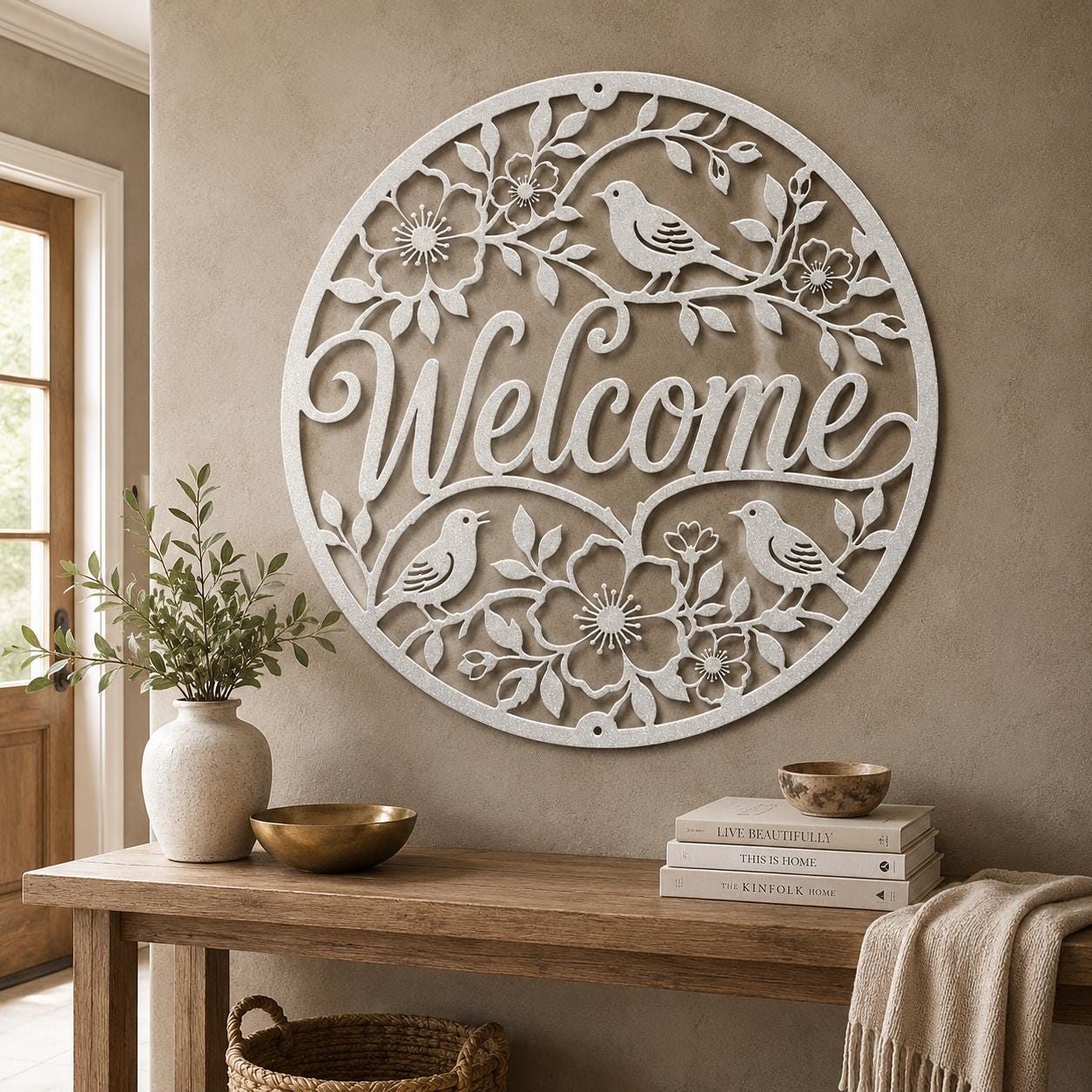 Floral Bird Welcome Metal Sign, Round Front Door Decor, Garden Style Entryway Wall Art, Spring Cottage Porch Accent, Housewarming Gift