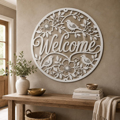 Floral Bird Welcome Metal Sign, Round Front Door Decor, Garden Style Entryway Wall Art, Spring Cottage Porch Accent, Housewarming Gift