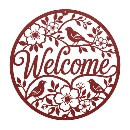 Floral Bird Welcome Metal Sign, Round Front Door Decor, Garden Style Entryway Wall Art, Spring Cottage Porch Accent, Housewarming Gift