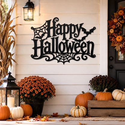 Happy Halloween Metal Sign, Gothic Bat Spiderweb Wall Art, White Fall Porch Entryway Accent, Spooky Seasonal Mantel Home Decoration