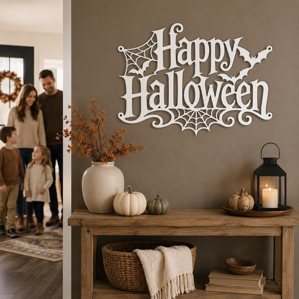 Happy Halloween Metal Sign, Gothic Bat Spiderweb Wall Art, White Fall Porch Entryway Accent, Spooky Seasonal Mantel Home Decoration