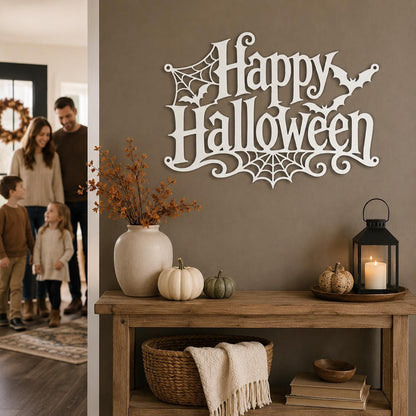 Happy Halloween Metal Sign, Gothic Bat Spiderweb Wall Art, White Fall Porch Entryway Accent, Spooky Seasonal Mantel Home Decoration