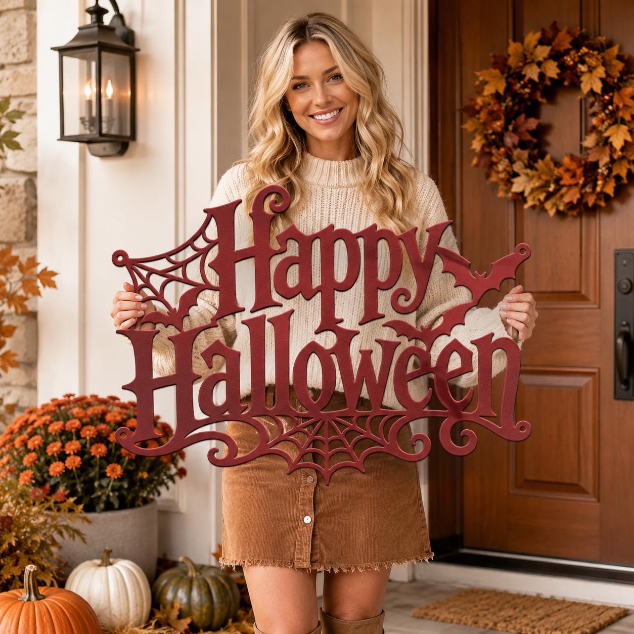 Happy Halloween Metal Sign, Gothic Bat Spiderweb Wall Art, White Fall Porch Entryway Accent, Spooky Seasonal Mantel Home Decoration