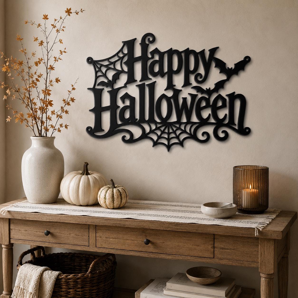 Happy Halloween Metal Sign, Gothic Bat Spiderweb Wall Art, White Fall Porch Entryway Accent, Spooky Seasonal Mantel Home Decoration