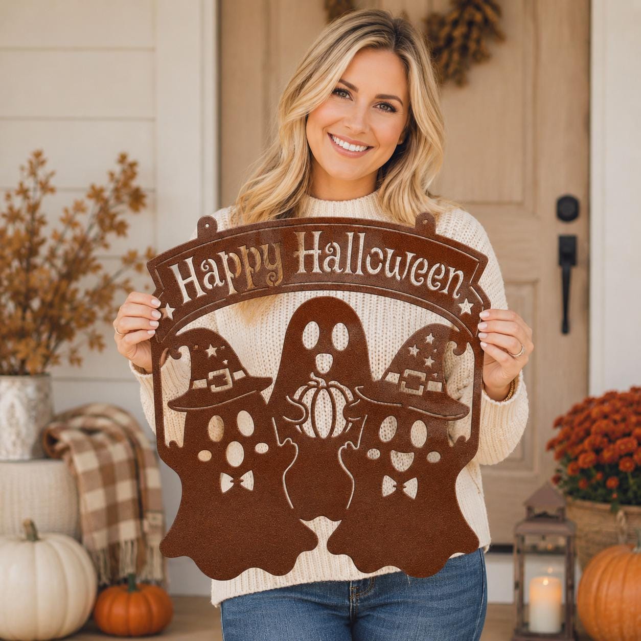 Happy Halloween Metal Sign, Ghost Witch Wall Decor, Spooky Steel Plaque, Fall Porch Decoration, Rustic Entryway Accent, Cute Holiday Display