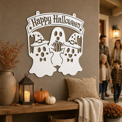 Happy Halloween Metal Sign, Ghost Witch Wall Decor, Spooky Steel Plaque, Fall Porch Decoration, Rustic Entryway Accent, Cute Holiday Display