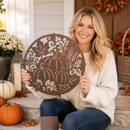 Fall Pumpkin Metal Sign, Harvest Leaf Wall Art, Round Autumn Door Decor, White Farmhouse Porch Accent, Seasonal Entryway Decoration