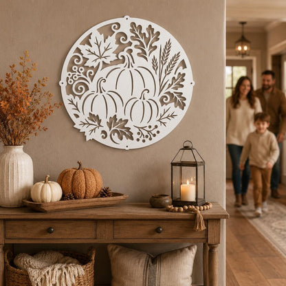 Fall Pumpkin Metal Sign, Harvest Leaf Wall Art, Round Autumn Door Decor, White Farmhouse Porch Accent, Seasonal Entryway Decoration
