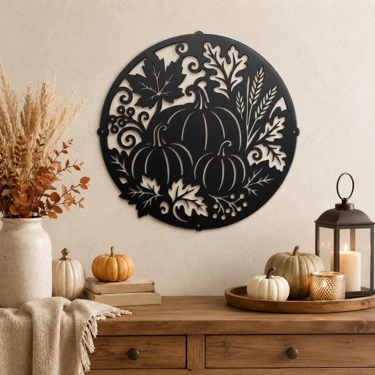 Fall Pumpkin Metal Sign, Harvest Leaf Wall Art, Round Autumn Door Decor, White Farmhouse Porch Accent, Seasonal Entryway Decoration