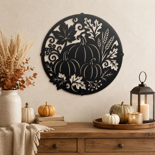 Fall Pumpkin Metal Sign, Harvest Leaf Wall Art, Round Autumn Door Decor, White Farmhouse Porch Accent, Seasonal Entryway Decoration