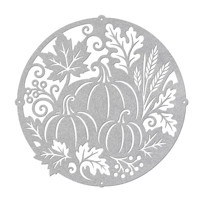 Fall Pumpkin Metal Sign, Harvest Leaf Wall Art, Round Autumn Door Decor, White Farmhouse Porch Accent, Seasonal Entryway Decoration