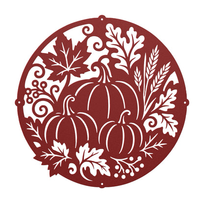 Fall Pumpkin Metal Sign, Harvest Leaf Wall Art, Round Autumn Door Decor, White Farmhouse Porch Accent, Seasonal Entryway Decoration