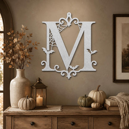 Personalized Halloween Metal Sign, Custom Initial Bat Spiderweb Wall Art, Gothic Porch Door Decor, Family Surname Home Accent