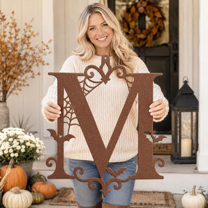 Personalized Halloween Metal Sign, Custom Initial Bat Spiderweb Wall Art, Gothic Porch Door Decor, Family Surname Home Accent