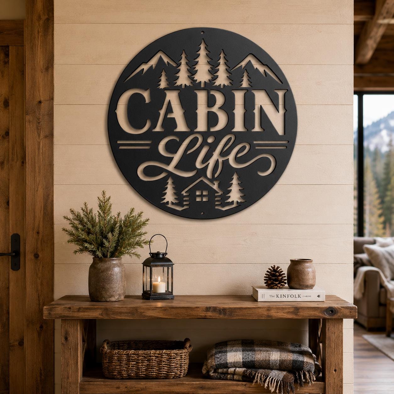 Rustic Cabin Metal Sign, Mountain Pine Tree Wall Decor, Lodge Housewarming Gift, Woodland Retreat Art, Steel Circle Home Accent
