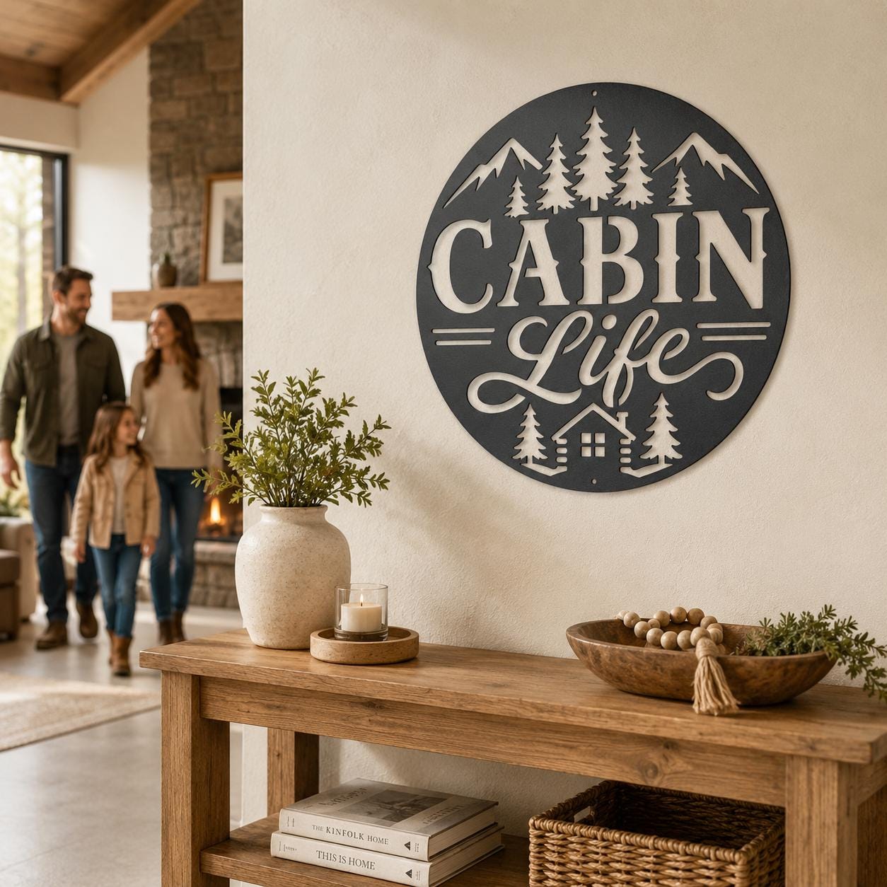 Rustic Cabin Metal Sign, Mountain Pine Tree Wall Decor, Lodge Housewarming Gift, Woodland Retreat Art, Steel Circle Home Accent