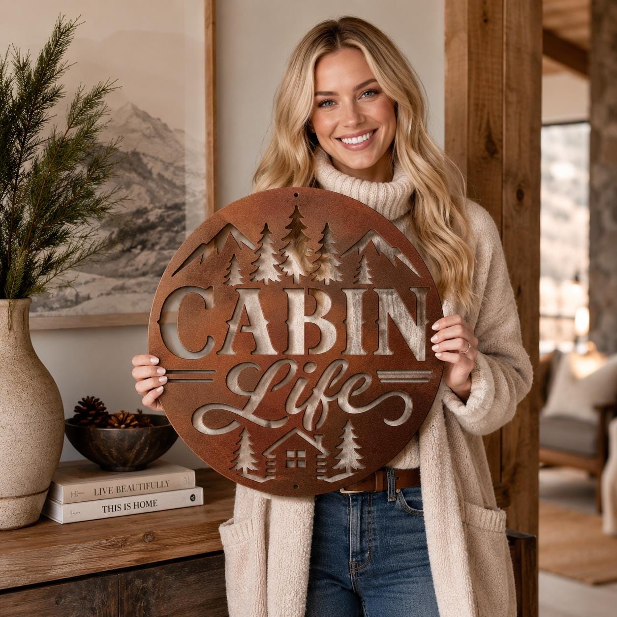 Rustic Cabin Metal Sign, Mountain Pine Tree Wall Decor, Lodge Housewarming Gift, Woodland Retreat Art, Steel Circle Home Accent