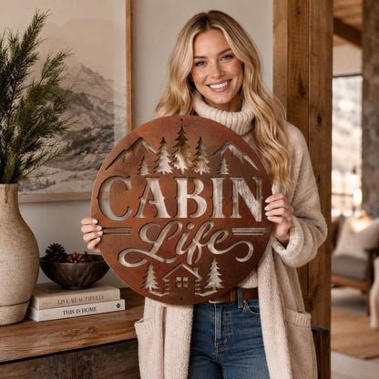 Rustic Cabin Metal Sign, Mountain Pine Tree Wall Decor, Lodge Housewarming Gift, Woodland Retreat Art, Steel Circle Home Accent