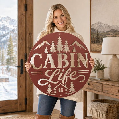 Rustic Cabin Metal Sign, Mountain Pine Tree Wall Decor, Lodge Housewarming Gift, Woodland Retreat Art, Steel Circle Home Accent