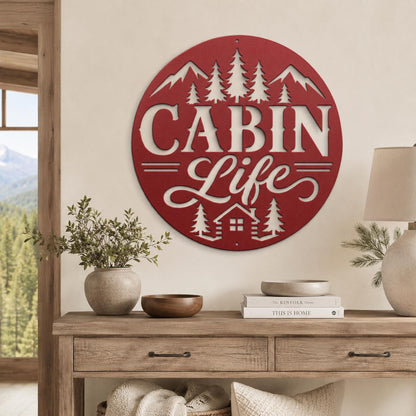 Rustic Cabin Metal Sign, Mountain Pine Tree Wall Decor, Lodge Housewarming Gift, Woodland Retreat Art, Steel Circle Home Accent
