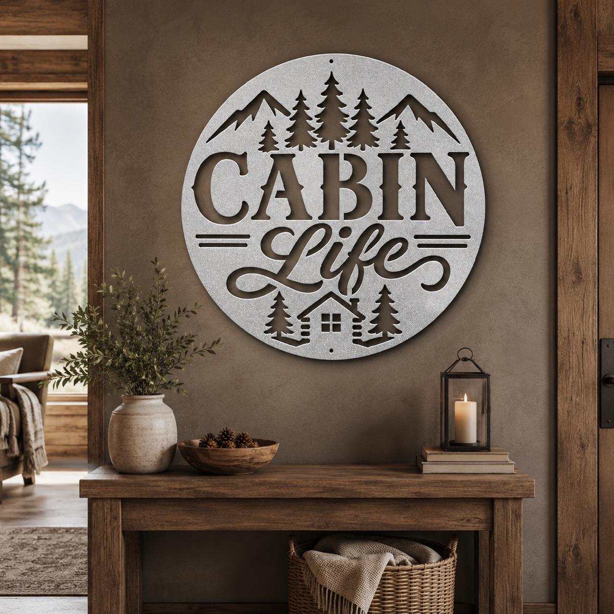 Rustic Cabin Metal Sign, Mountain Pine Tree Wall Decor, Lodge Housewarming Gift, Woodland Retreat Art, Steel Circle Home Accent