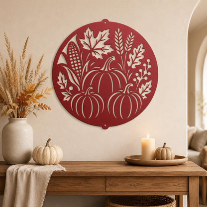 Fall Harvest Metal Sign, Pumpkin Corn Wheat Wall Decor, Autumn Farmhouse Home Accent, Thanksgiving Hostess Gift, Seasonal Steel Art