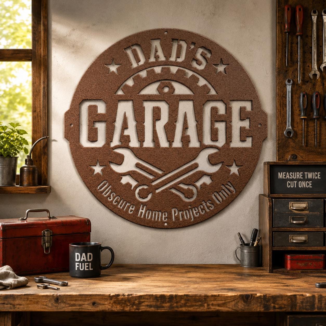 Dad's Garage Metal Sign, Funny Workshop Wall Decor, Father's Day Steel Plaque, Man Cave Art, Mechanic Gift For Him, Rustic Tool Shed Accent