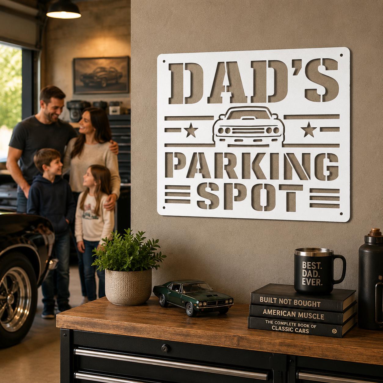 Dad's Parking Spot Metal Sign, Garage Wall Decor, Father's Day Steel Plaque, Classic Car Art, Mechanic Gift For Him, Man Cave Auto Accent