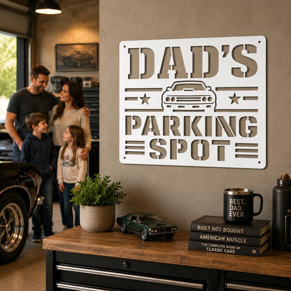 Dad's Parking Spot Metal Sign, Garage Wall Decor, Father's Day Steel Plaque, Classic Car Art, Mechanic Gift For Him, Man Cave Auto Accent