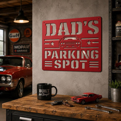 Dad's Parking Spot Metal Sign, Garage Wall Decor, Father's Day Steel Plaque, Classic Car Art, Mechanic Gift For Him, Man Cave Auto Accent