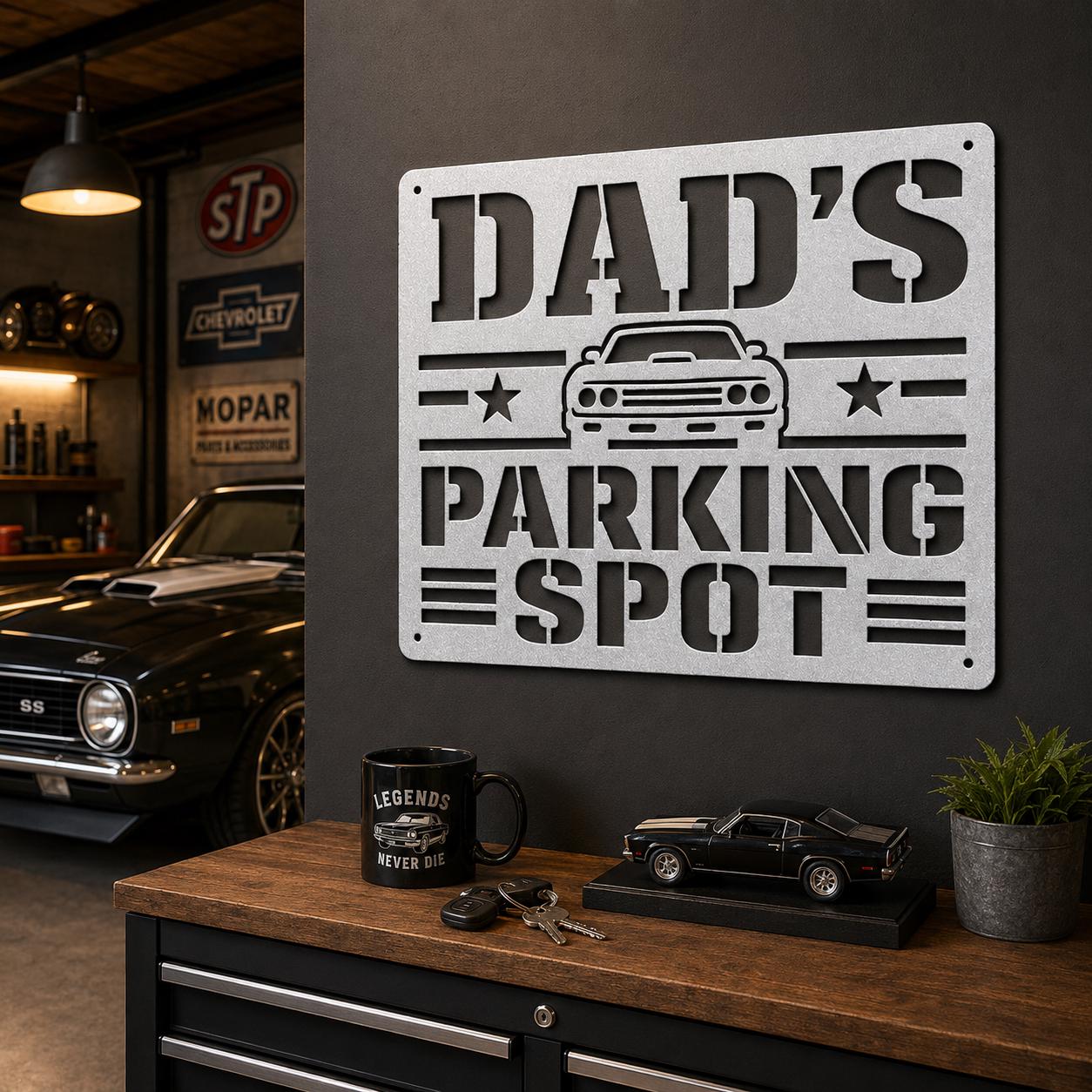 Dad's Parking Spot Metal Sign, Garage Wall Decor, Father's Day Steel Plaque, Classic Car Art, Mechanic Gift For Him, Man Cave Auto Accent