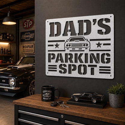 Dad's Parking Spot Metal Sign, Garage Wall Decor, Father's Day Steel Plaque, Classic Car Art, Mechanic Gift For Him, Man Cave Auto Accent