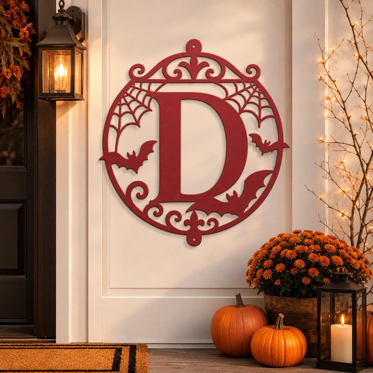 Halloween Circular Monogram Metal Sign, Spiderweb Initial Door Hanger, Bat Letter Wall Decor, Gothic Fall Entryway Home Art, Seasonal Accent