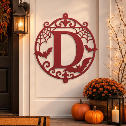 Halloween Circular Monogram Metal Sign, Spiderweb Initial Door Hanger, Bat Letter Wall Decor, Gothic Fall Entryway Home Art, Seasonal Accent