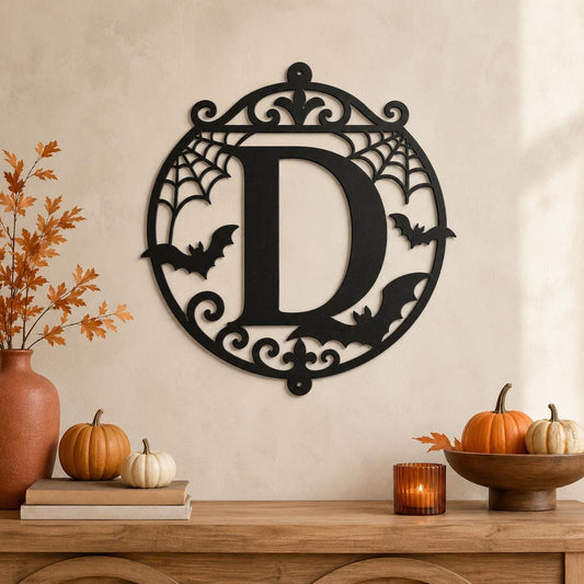 Halloween Circular Monogram Metal Sign, Spiderweb Initial Door Hanger, Bat Letter Wall Decor, Gothic Fall Entryway Home Art, Seasonal Accent