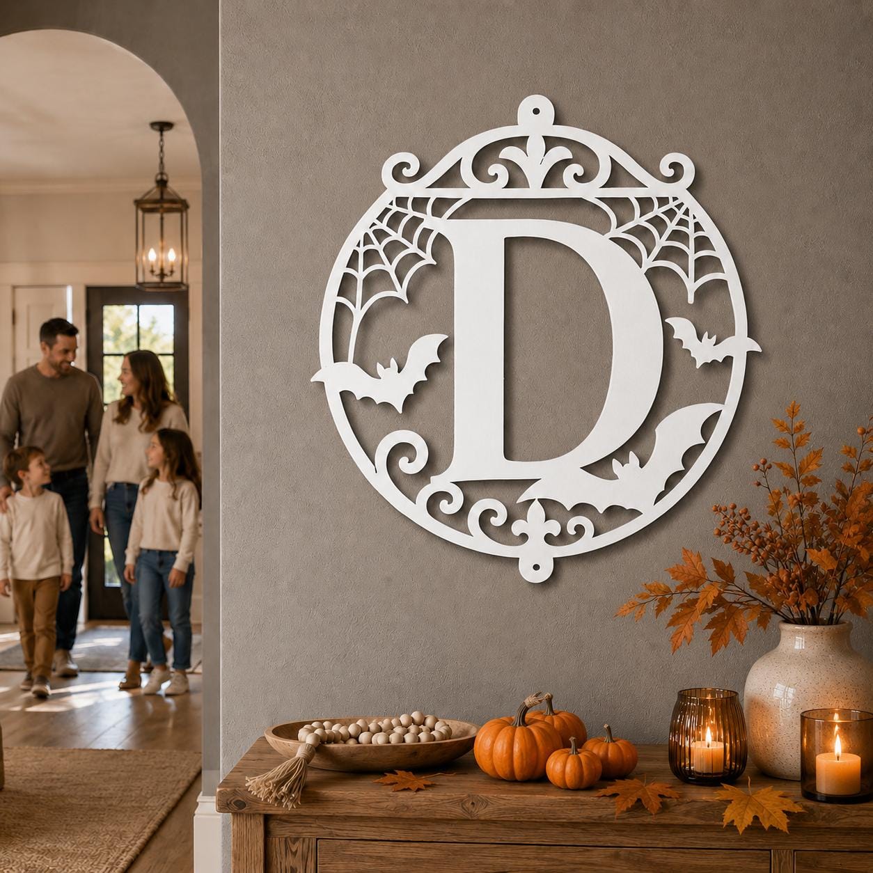 Halloween Circular Monogram Metal Sign, Spiderweb Initial Door Hanger, Bat Letter Wall Decor, Gothic Fall Entryway Home Art, Seasonal Accent