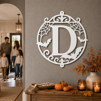 Halloween Circular Monogram Metal Sign, Spiderweb Initial Door Hanger, Bat Letter Wall Decor, Gothic Fall Entryway Home Art, Seasonal Accent