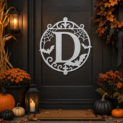 Halloween Circular Monogram Metal Sign, Spiderweb Initial Door Hanger, Bat Letter Wall Decor, Gothic Fall Entryway Home Art, Seasonal Accent