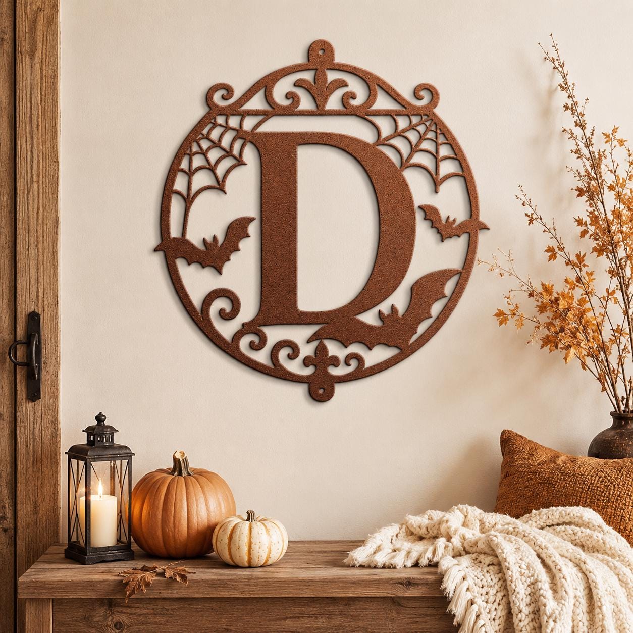 Halloween Circular Monogram Metal Sign, Spiderweb Initial Door Hanger, Bat Letter Wall Decor, Gothic Fall Entryway Home Art, Seasonal Accent