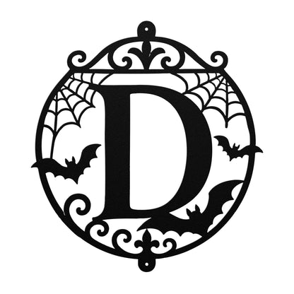 Halloween Circular Monogram Metal Sign, Spiderweb Initial Door Hanger, Bat Letter Wall Decor, Gothic Fall Entryway Home Art, Seasonal Accent