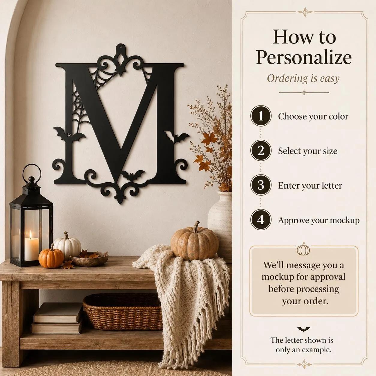 Halloween Circular Monogram Metal Sign, Spiderweb Initial Door Hanger, Bat Letter Wall Decor, Gothic Fall Entryway Home Art, Seasonal Accent