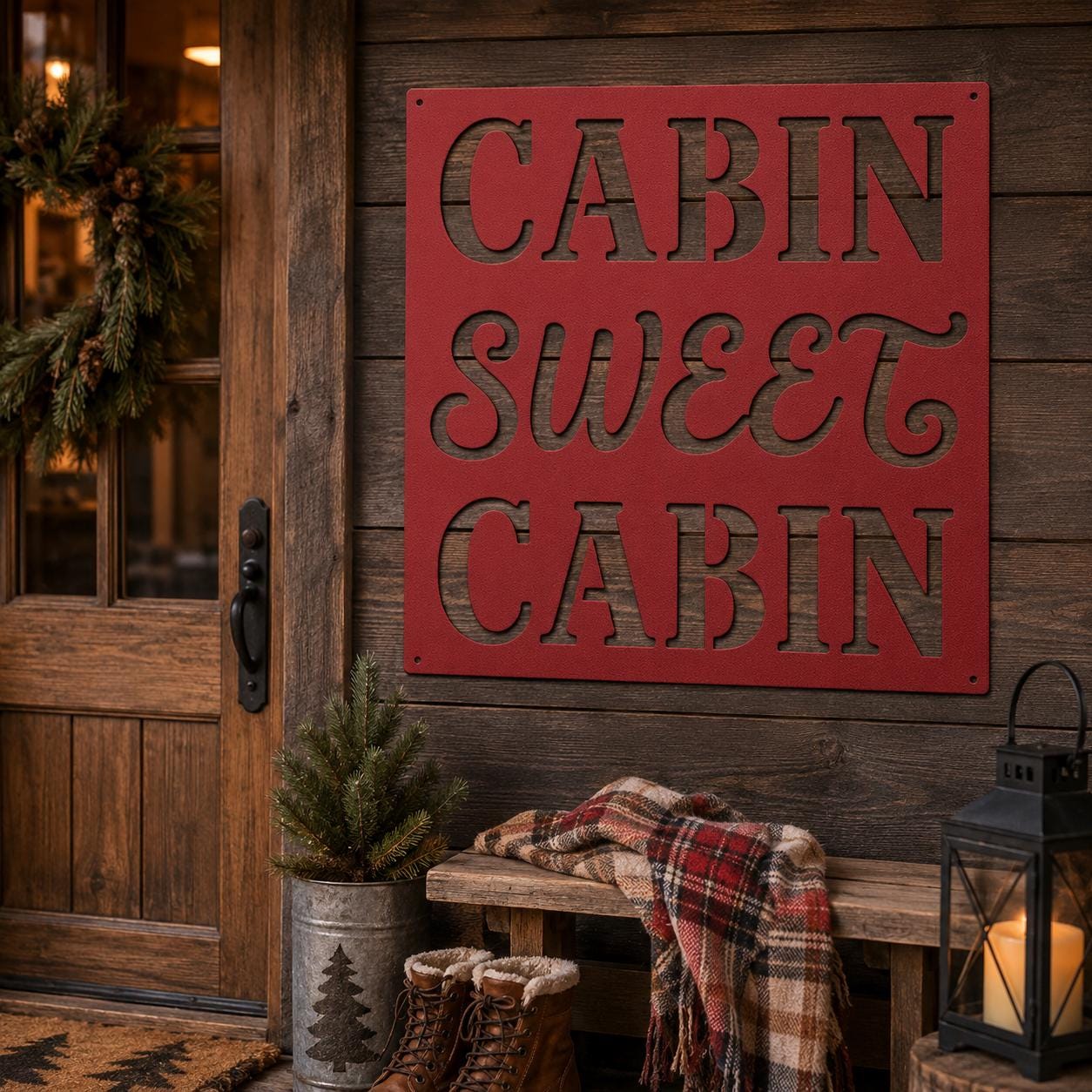 Cabin Sweet Cabin Sign, Rustic Metal Wall Decor, Mountain Lodge Plaque, Woodland Entryway Art, Cozy Retreat Housewarming Gift
