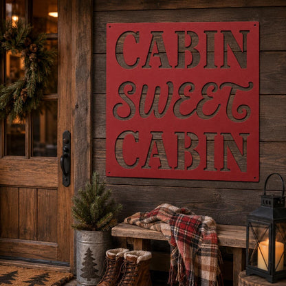 Cabin Sweet Cabin Sign, Rustic Metal Wall Decor, Mountain Lodge Plaque, Woodland Entryway Art, Cozy Retreat Housewarming Gift