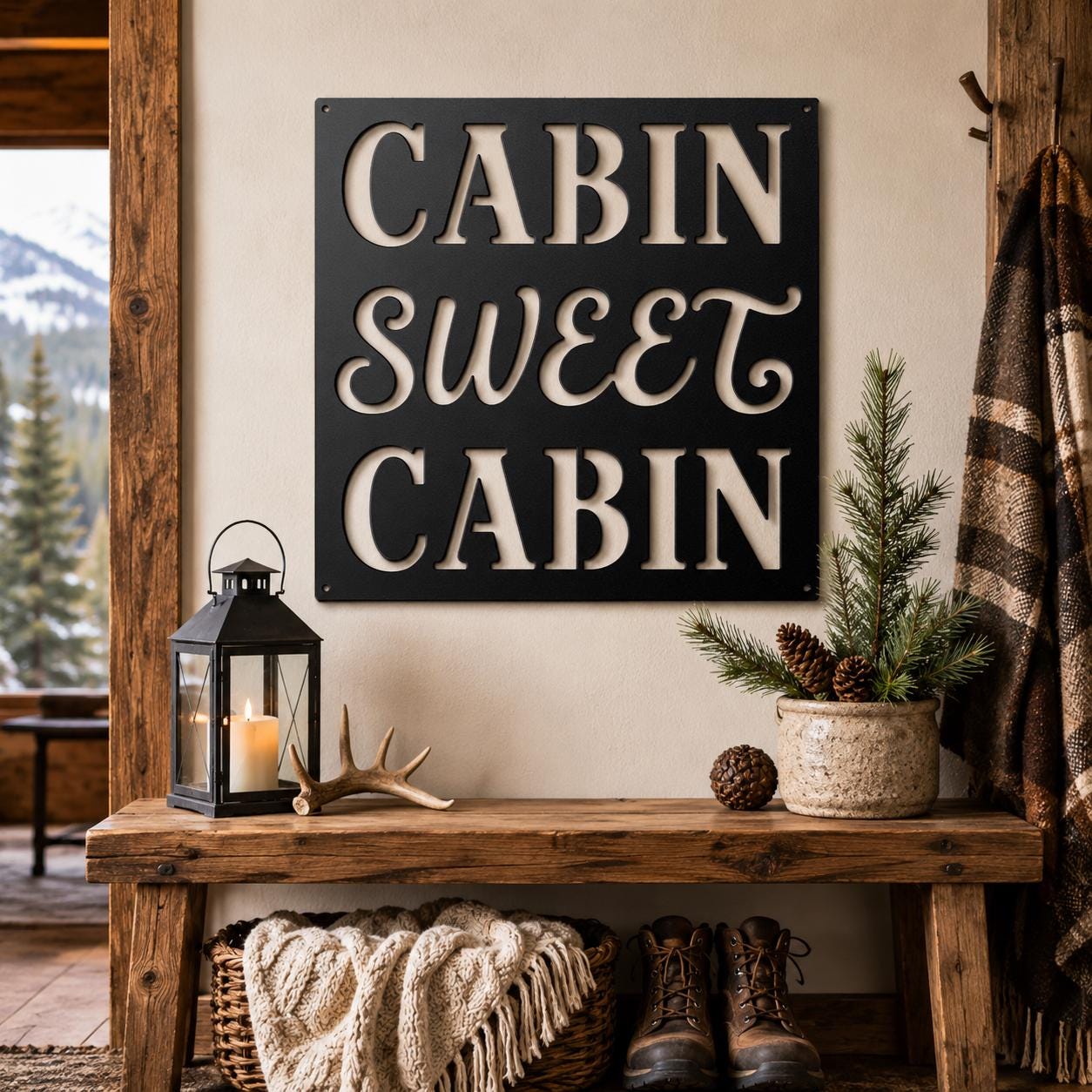 Cabin Sweet Cabin Sign, Rustic Metal Wall Decor, Mountain Lodge Plaque, Woodland Entryway Art, Cozy Retreat Housewarming Gift