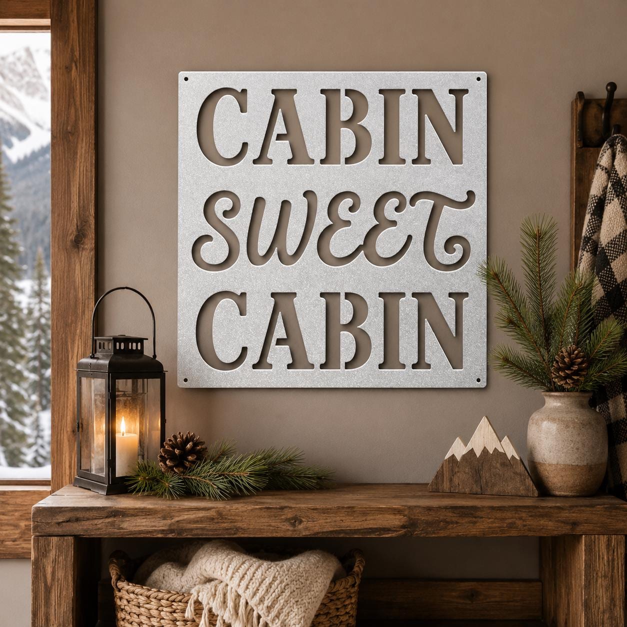 Cabin Sweet Cabin Sign, Rustic Metal Wall Decor, Mountain Lodge Plaque, Woodland Entryway Art, Cozy Retreat Housewarming Gift