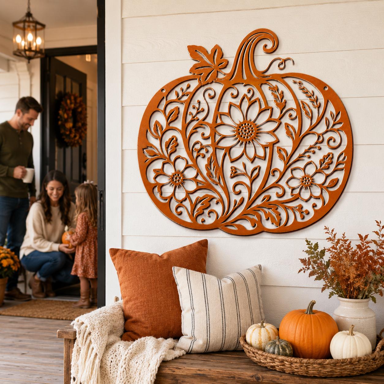 Floral Pumpkin Metal Sign, Fall Harvest Wall Decor, Autumn Porch Art, Rustic Home Accent, Farmhouse Plaque, Thanksgiving Entryway Decoration