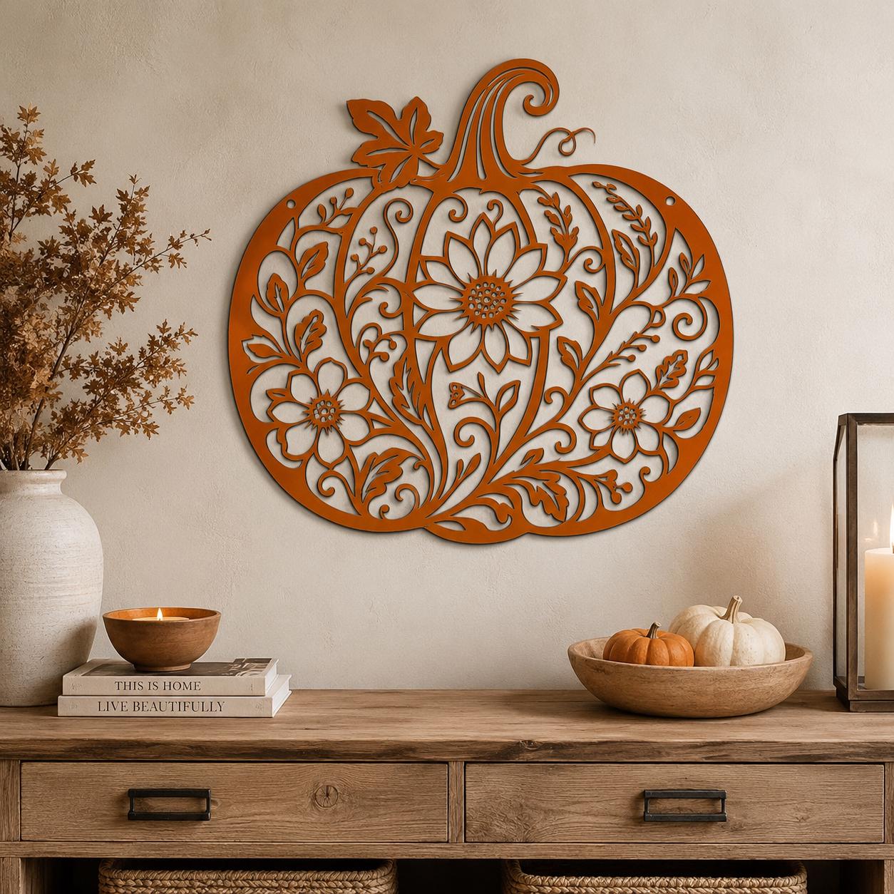 Floral Pumpkin Metal Sign, Fall Harvest Wall Decor, Autumn Porch Art, Rustic Home Accent, Farmhouse Plaque, Thanksgiving Entryway Decoration