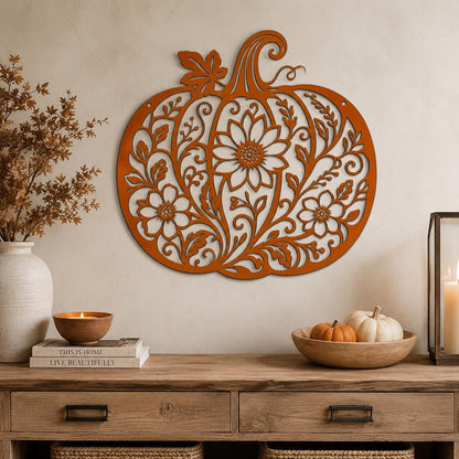 Floral Pumpkin Metal Sign, Fall Harvest Wall Decor, Autumn Porch Art, Rustic Home Accent, Farmhouse Plaque, Thanksgiving Entryway Decoration