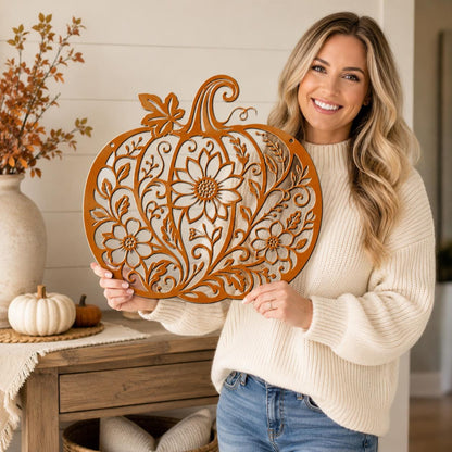 Floral Pumpkin Metal Sign, Fall Harvest Wall Decor, Autumn Porch Art, Rustic Home Accent, Farmhouse Plaque, Thanksgiving Entryway Decoration