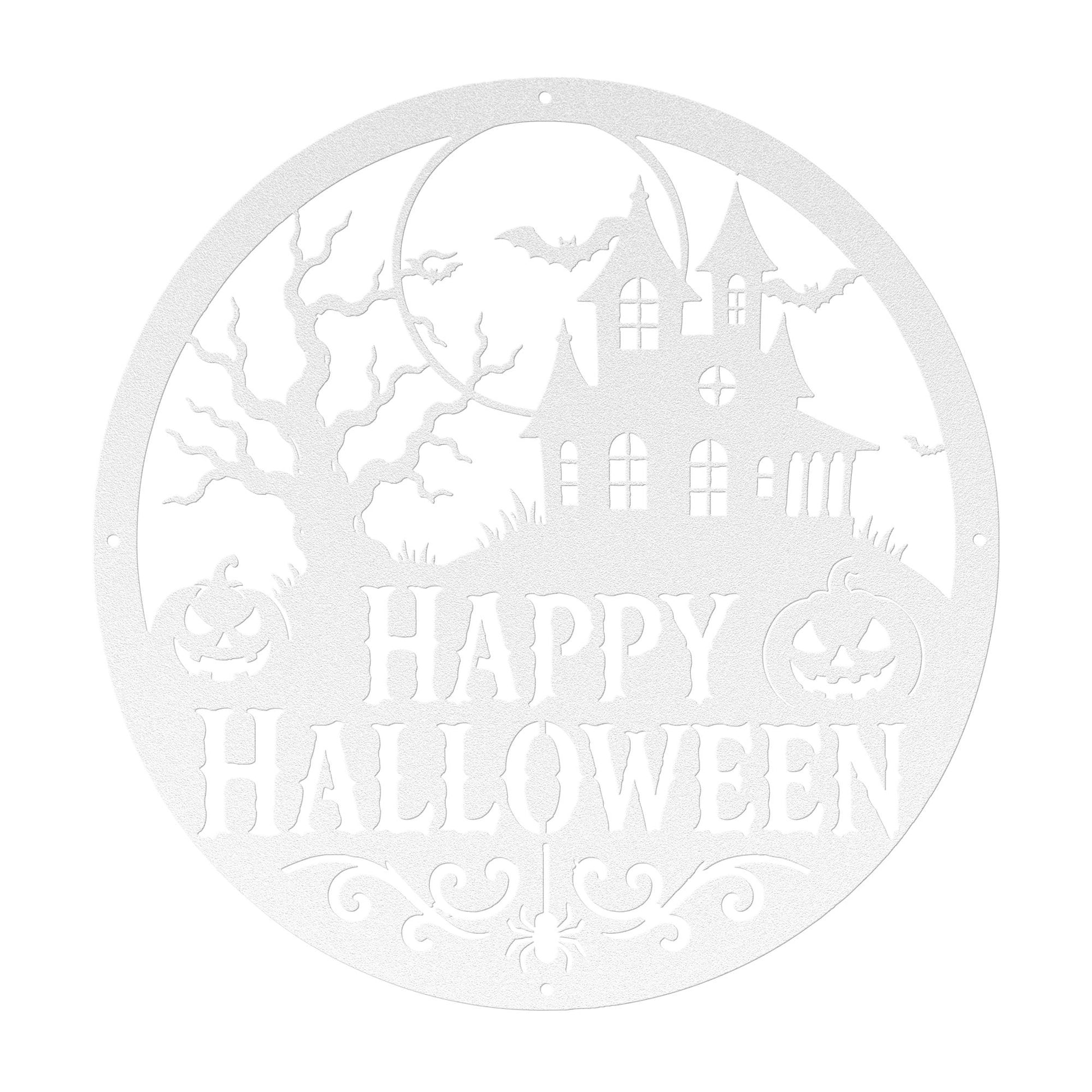 Happy Halloween Metal Sign, Haunted House Wall Decor, Pumpkin Bat Door Hanger, Spooky Round Porch Art, Gothic Fall Entryway Seasonal Accent
